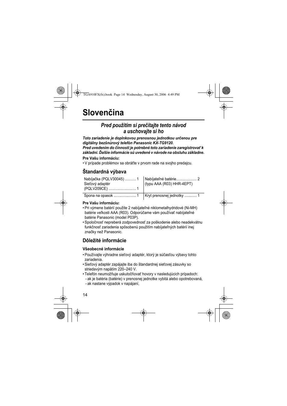 Slovenčina | Panasonic KXTGA910FX User Manual | Page 14 / 36