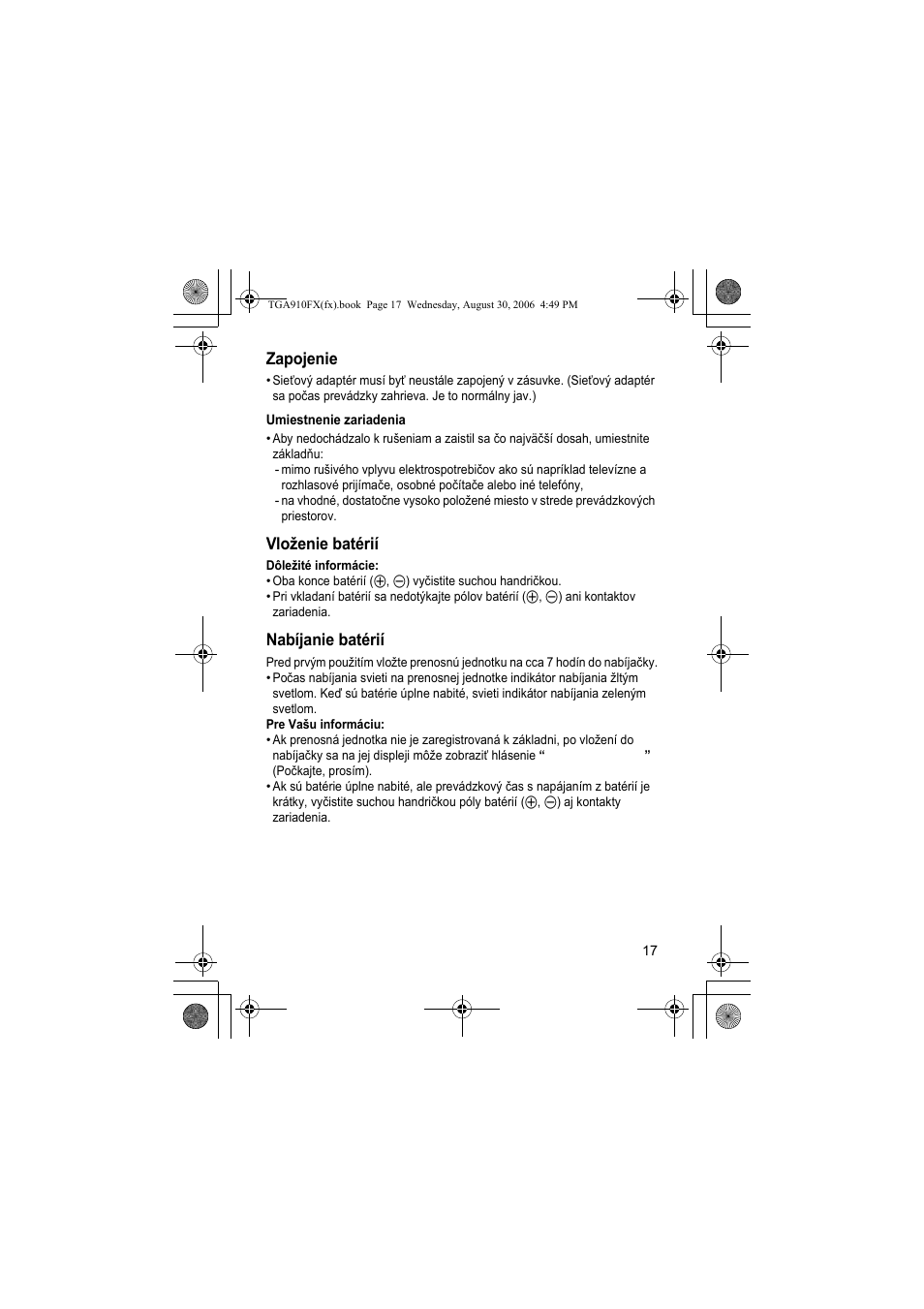 Zapojenie, Vloženie batérií, Nabíjanie batérií | Panasonic KXTGA910FX User Manual | Page 17 / 36
