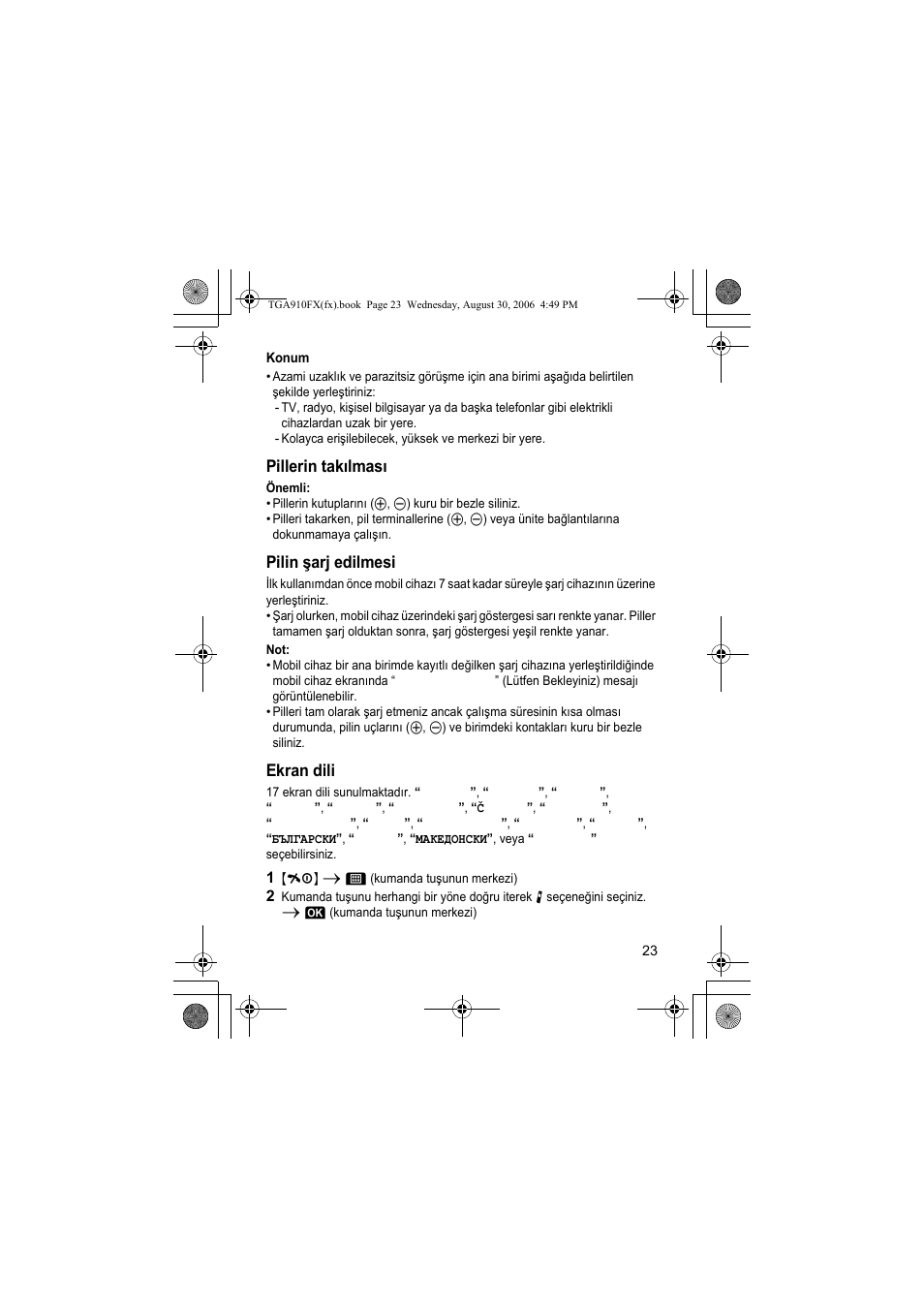 Pillerin takılması, Pilin şarj edilmesi, Ekran dili | Panasonic KXTGA910FX User Manual | Page 23 / 36