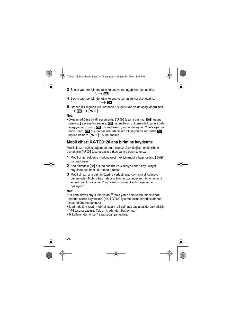 Mobil cihazı kx-tg9120 ana birimine kaydetme | Panasonic KXTGA910FX User Manual | Page 24 / 36