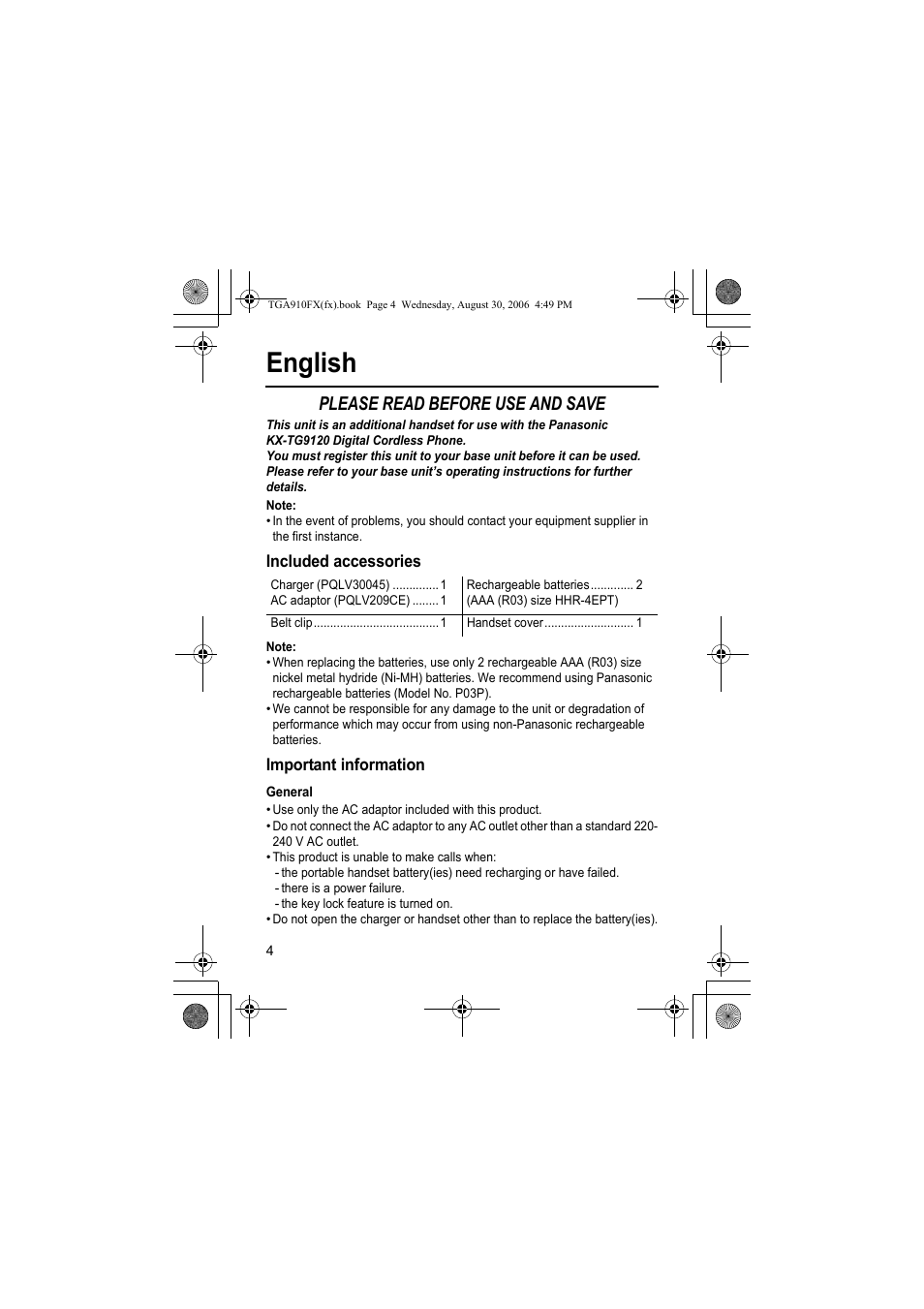 English, Please read before use and save | Panasonic KXTGA910FX User Manual | Page 4 / 36