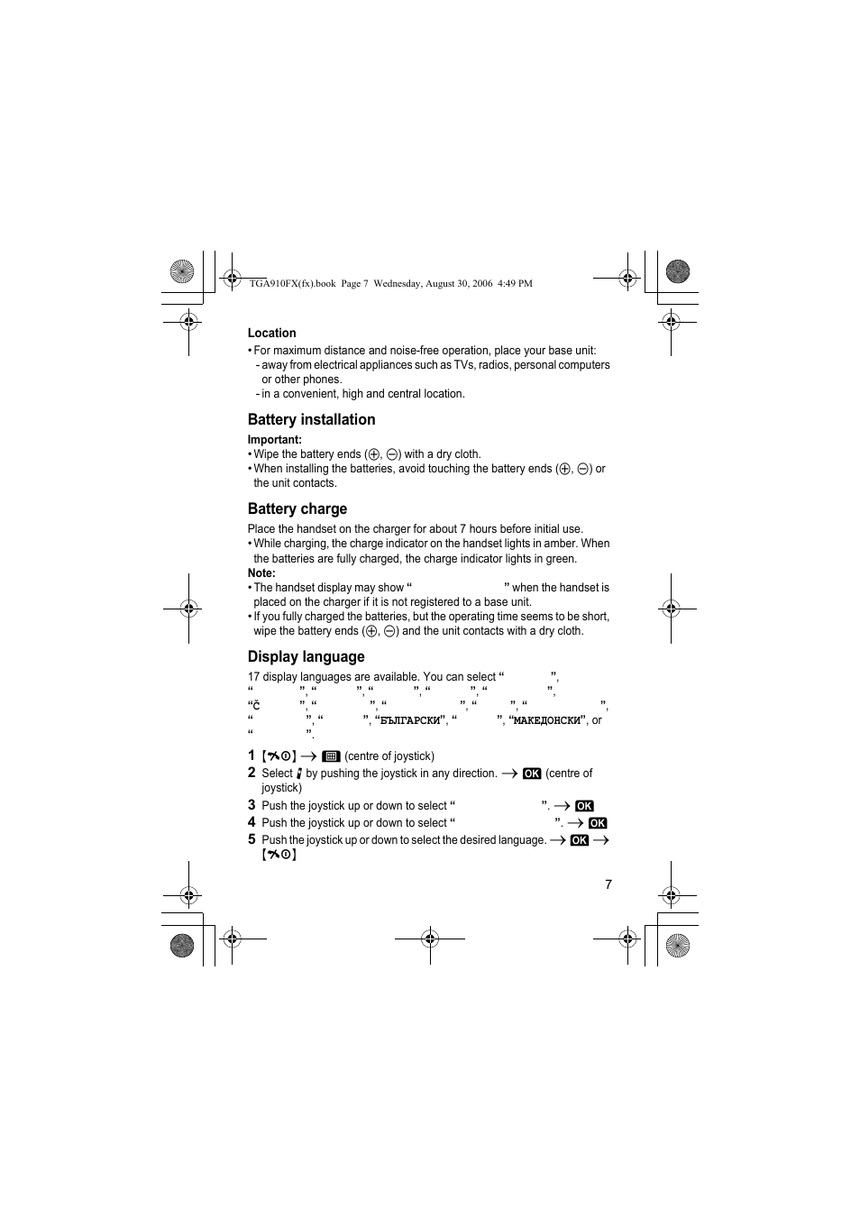 Battery installation, Battery charge, Display language | Panasonic KXTGA910FX User Manual | Page 7 / 36