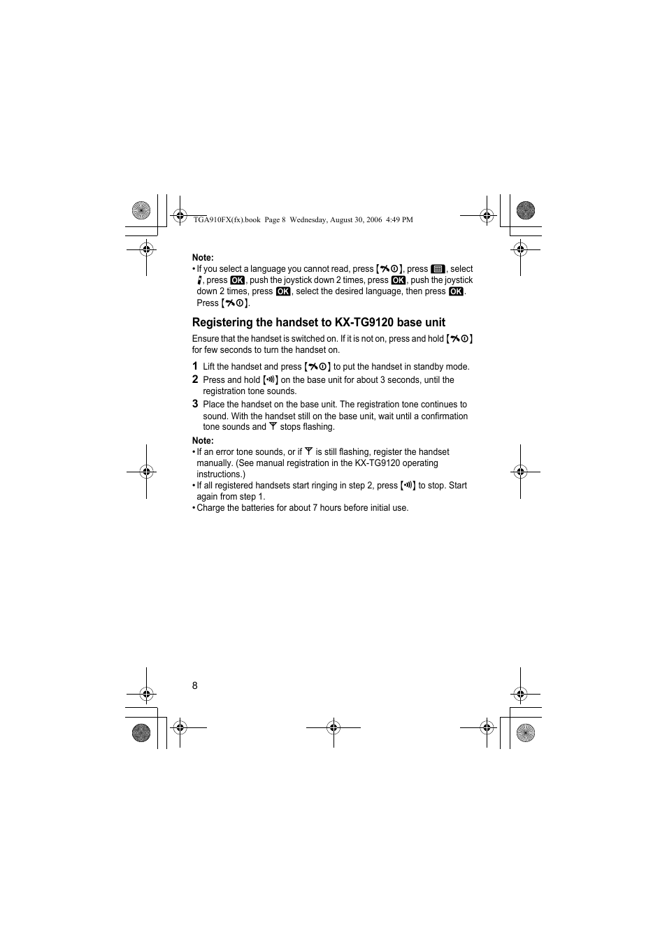 Registering the handset to kx-tg9120 base unit | Panasonic KXTGA910FX User Manual | Page 8 / 36