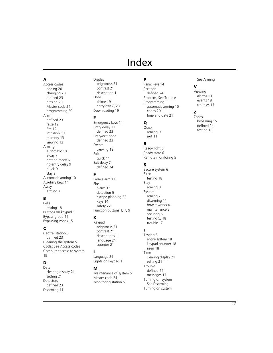 Index | ADT Security Services Power 864 User Manual | Page 31 / 36