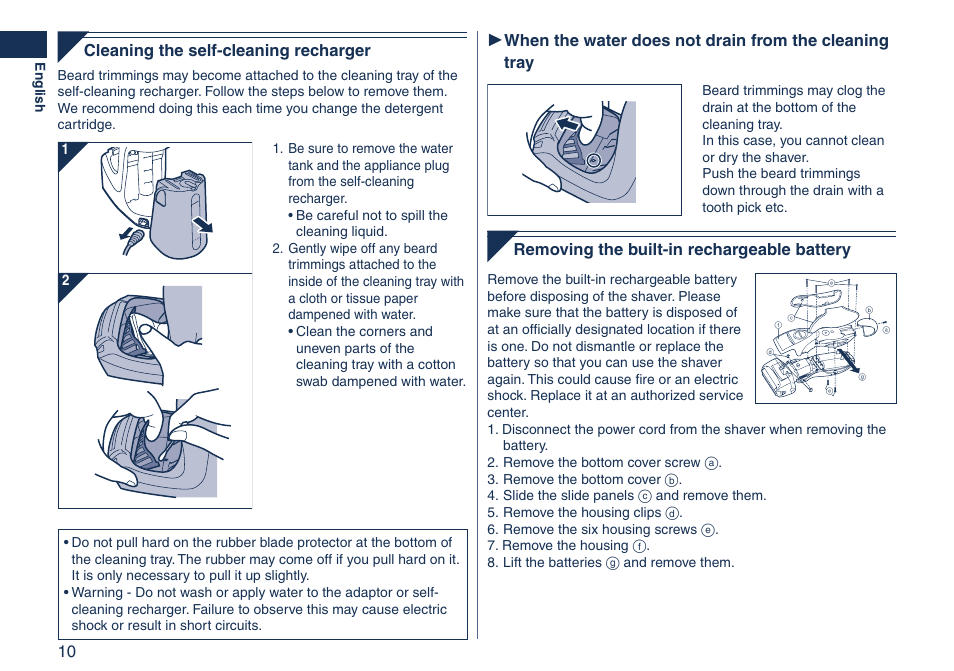 Removing the built-in rechargeable battery, Cleaning the self-cleaning recharger | Panasonic ES7058 User Manual | Page 10 / 184