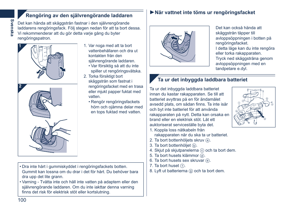 Ta ur det inbyggda laddbara batteriet, Rengöring av den självrengörande laddaren, När vattnet inte töms ur rengöringsfacket | Panasonic ES7058 User Manual | Page 100 / 184