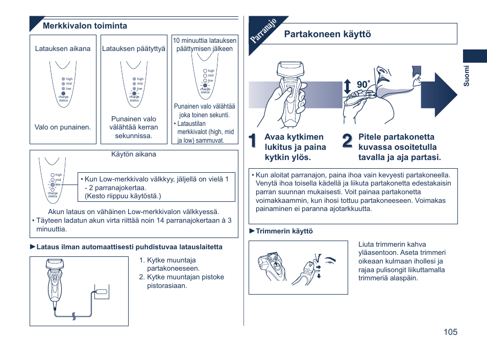 Parranajo, Partakoneen käyttö, Merkkivalon toiminta | Panasonic ES7058 User Manual | Page 105 / 184