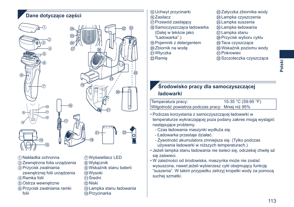 Dane dotyczące części, Środowisko pracy dla samoczyszczącej ładowarki | Panasonic ES7058 User Manual | Page 113 / 184