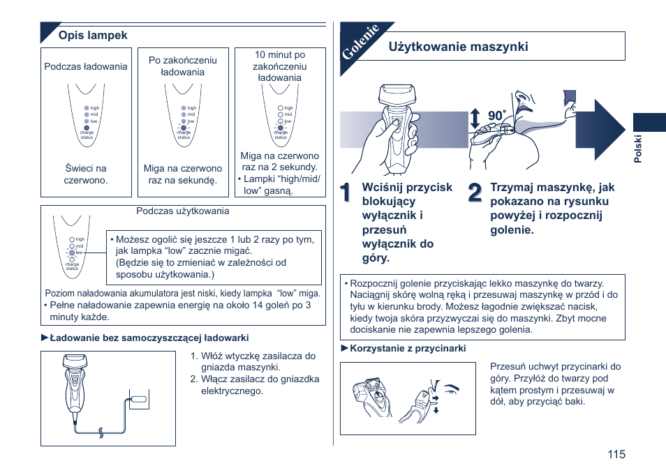 Golenie, Użytkowanie maszynki, Opis lampek | Panasonic ES7058 User Manual | Page 115 / 184