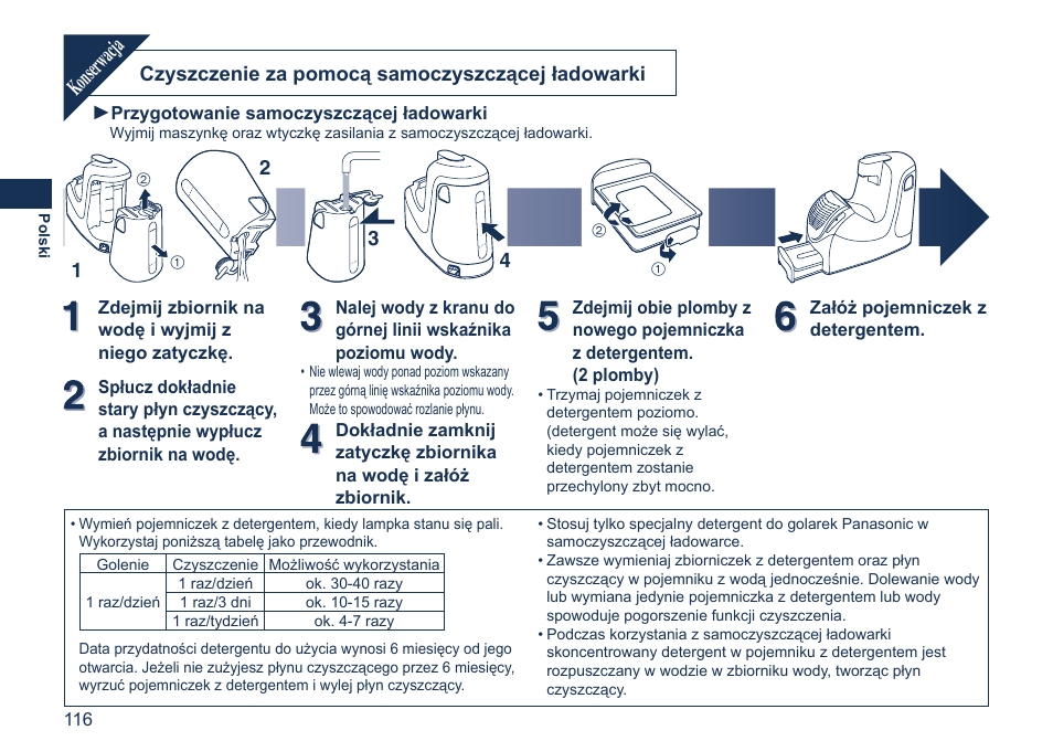 Konserwacja, Czyszczenie za pomocą samoczyszczącej ładowarki | Panasonic ES7058 User Manual | Page 116 / 184