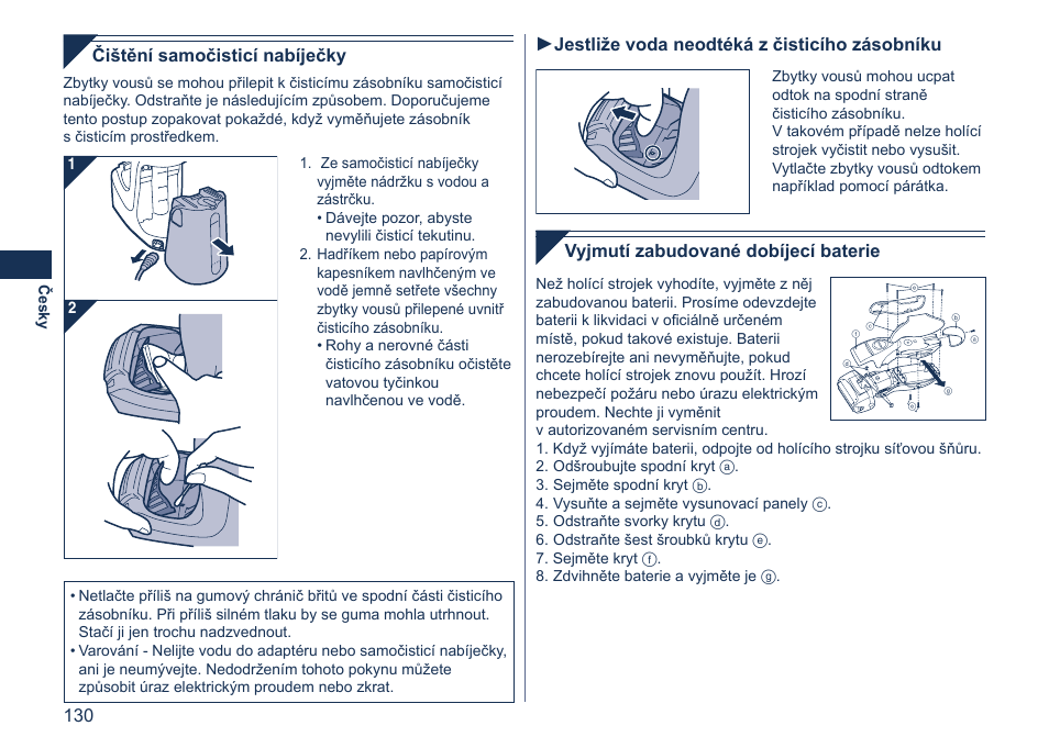 Vyjmutí zabudované dobíjecí baterie, Čištění samočisticí nabíječky, Jestliže voda neodtéká z čisticího zásobníku | Panasonic ES7058 User Manual | Page 130 / 184