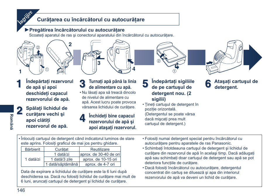 Îngrijir e, Curăţarea cu încărcătorul cu autocurăţare | Panasonic ES7058 User Manual | Page 146 / 184