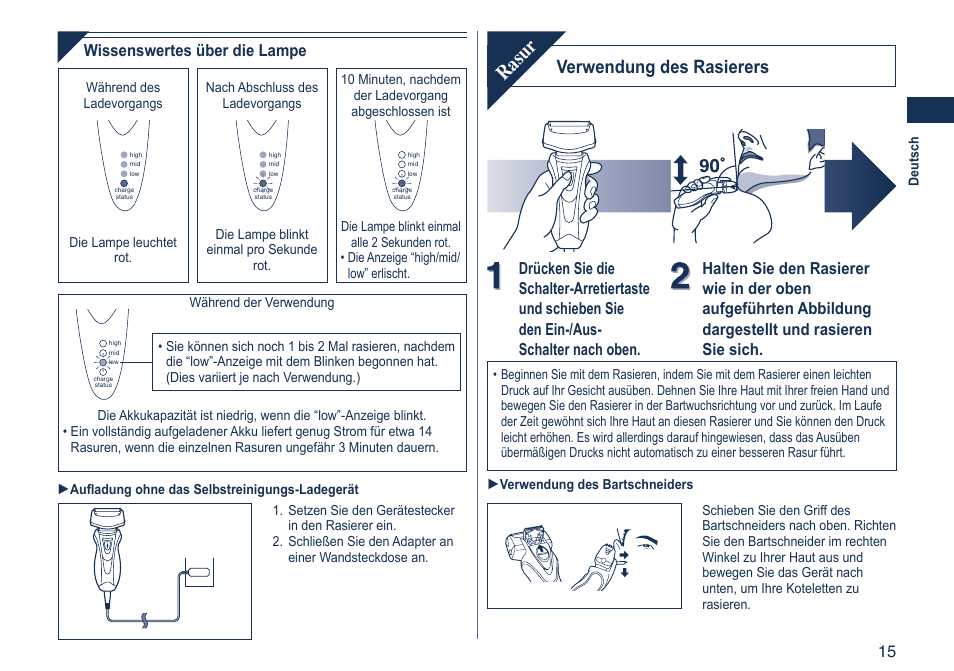 Rasur, Verwendung des rasierers, Wissenswertes über die lampe | Panasonic ES7058 User Manual | Page 15 / 184