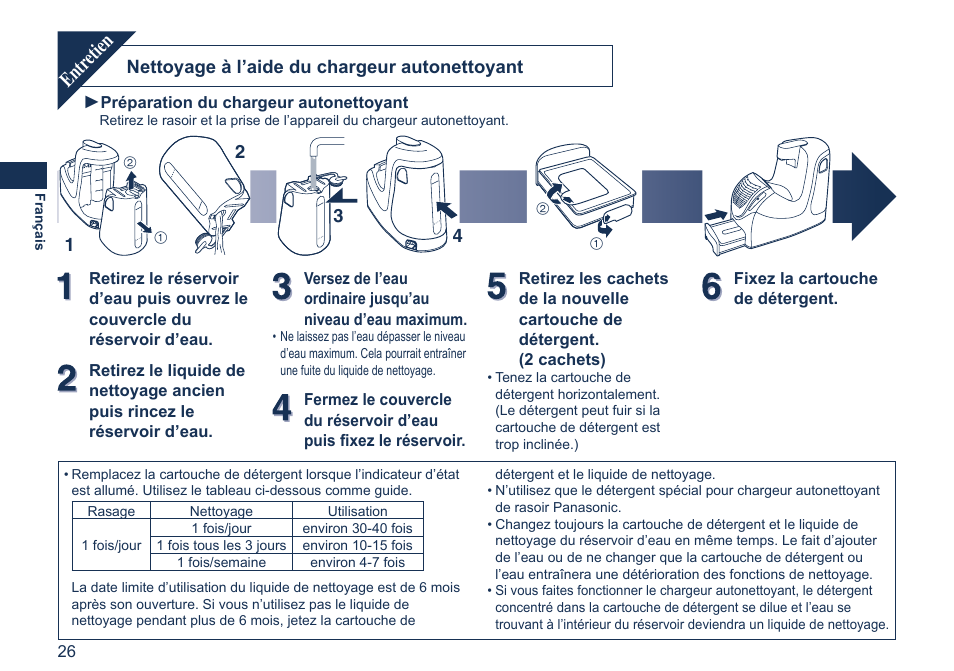 Entr etien, Nettoyage à l’aide du chargeur autonettoyant | Panasonic ES7058 User Manual | Page 26 / 184