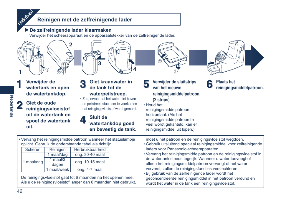 Onderhoud, Reinigen met de zelfreinigende lader | Panasonic ES7058 User Manual | Page 46 / 184