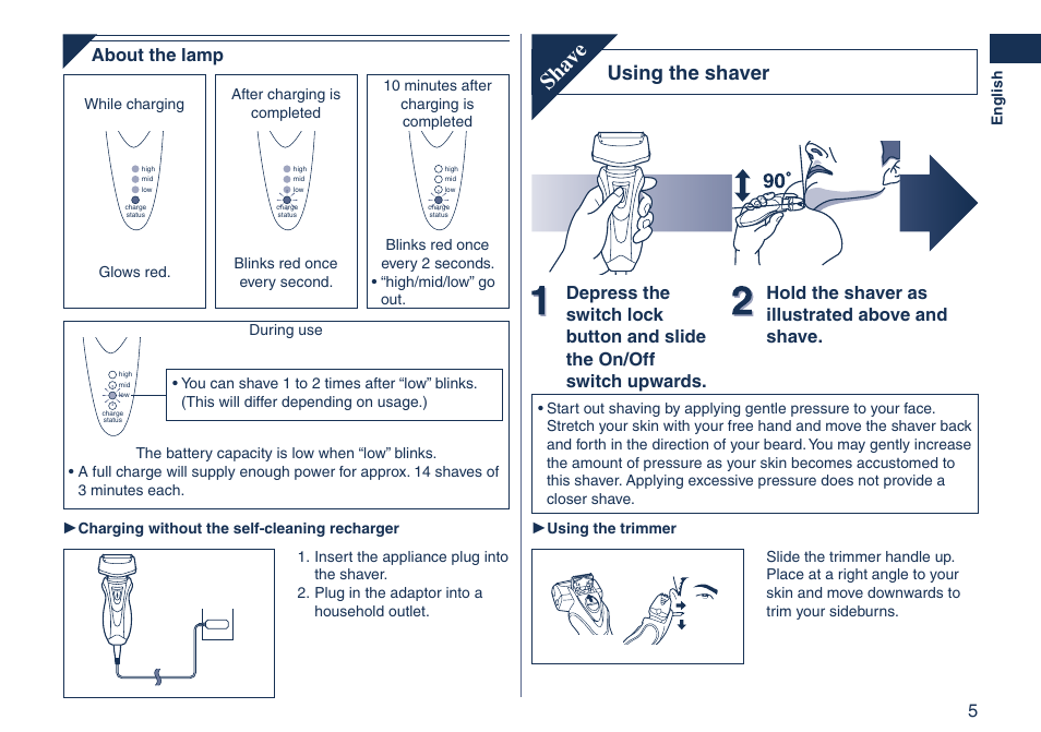 Sha ve, Using the shaver, About the lamp | Panasonic ES7058 User Manual | Page 5 / 184