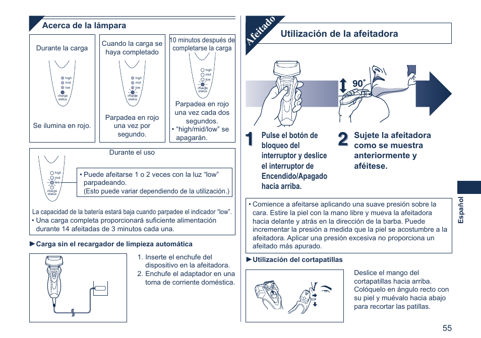 Afeitado, Utilización de la afeitadora, Acerca de la lámpara | Panasonic ES7058 User Manual | Page 55 / 184