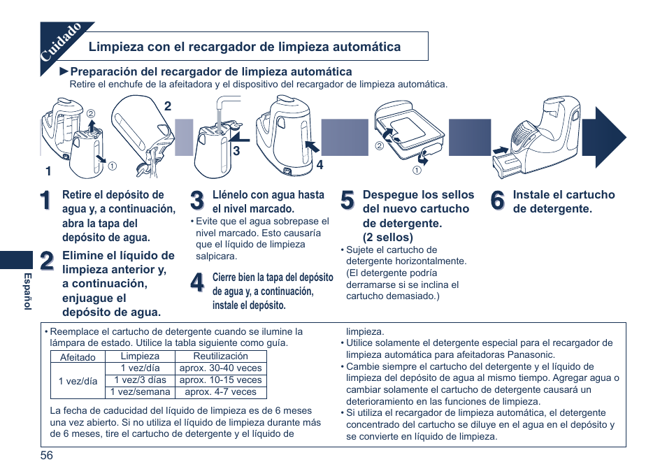 Cuidado, Limpieza con el recargador de limpieza automática | Panasonic ES7058 User Manual | Page 56 / 184