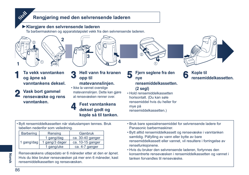 Stell, Rengjøring med den selvrensende laderen | Panasonic ES7058 User Manual | Page 86 / 184