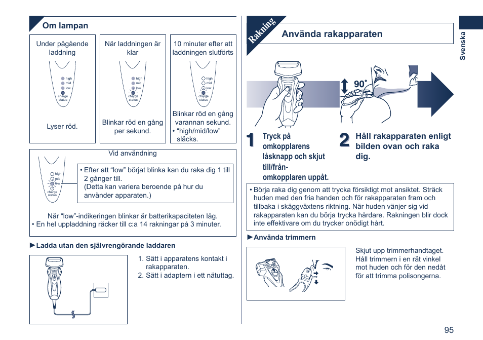 Rakning, Använda rakapparaten, Om lampan | Panasonic ES7058 User Manual | Page 95 / 184