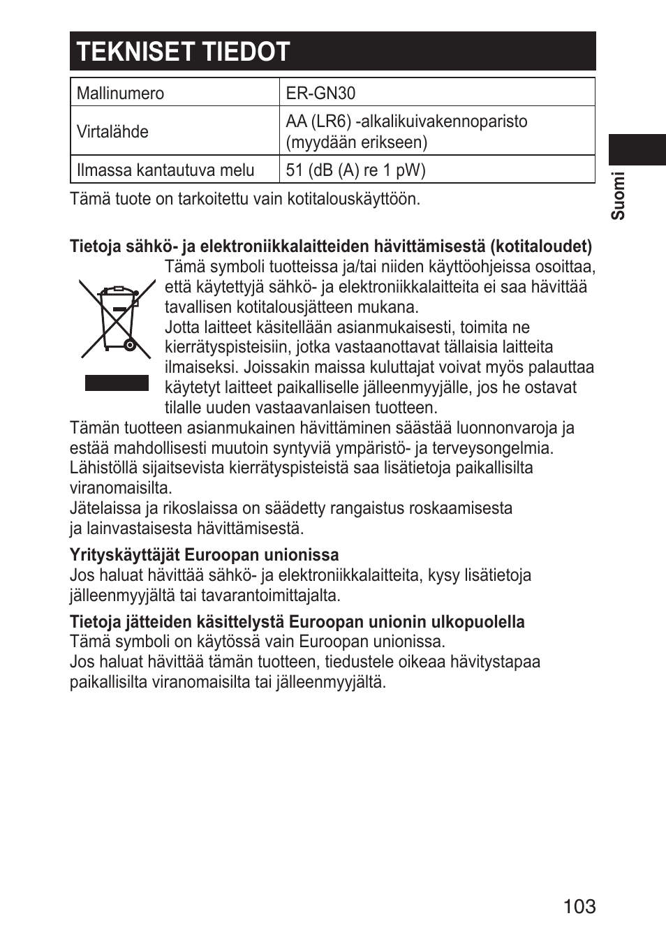 Teknisettiedot | Panasonic ERGN30 User Manual | Page 103 / 160