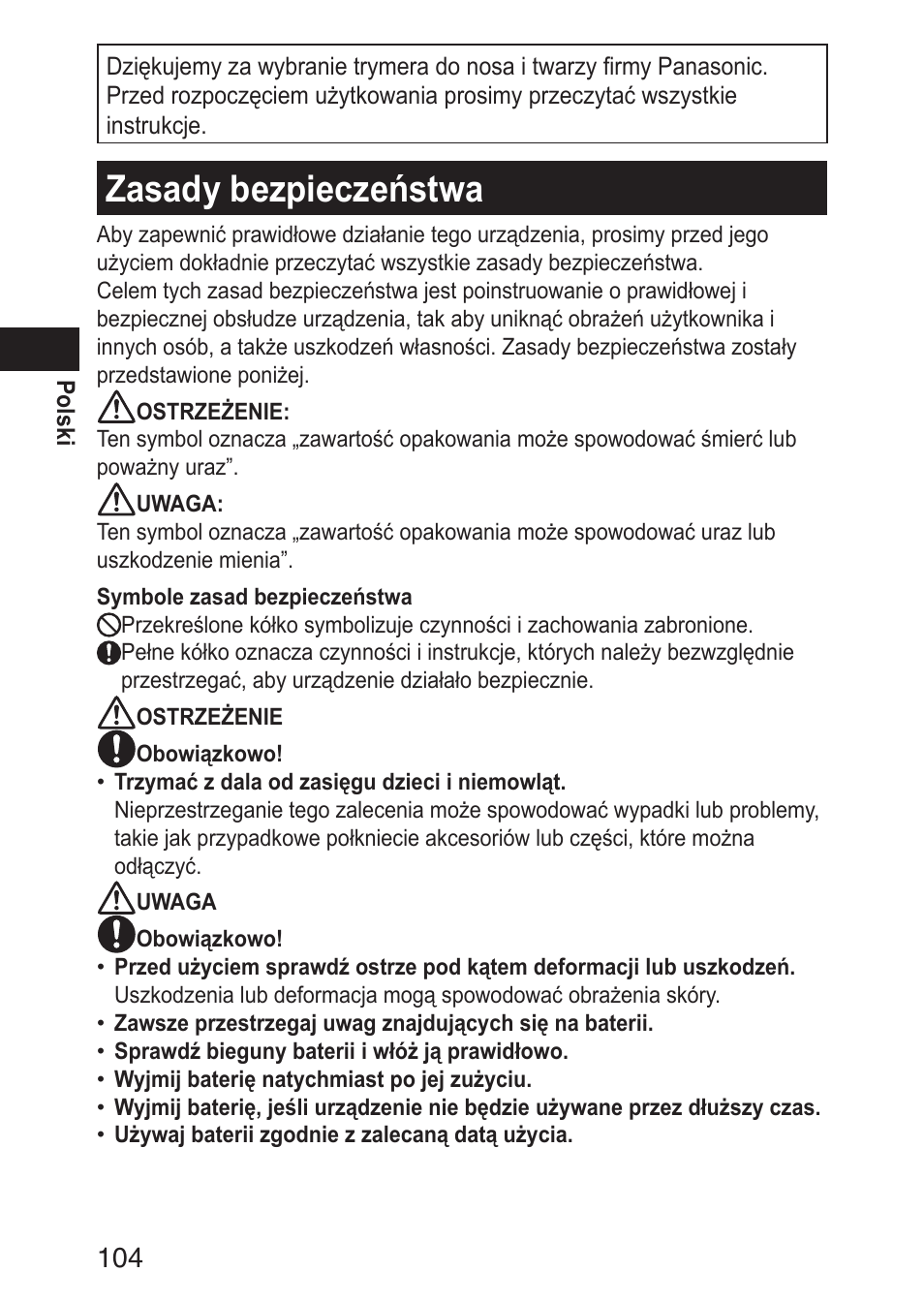 Zasadybezpieczeństwa | Panasonic ERGN30 User Manual | Page 104 / 160