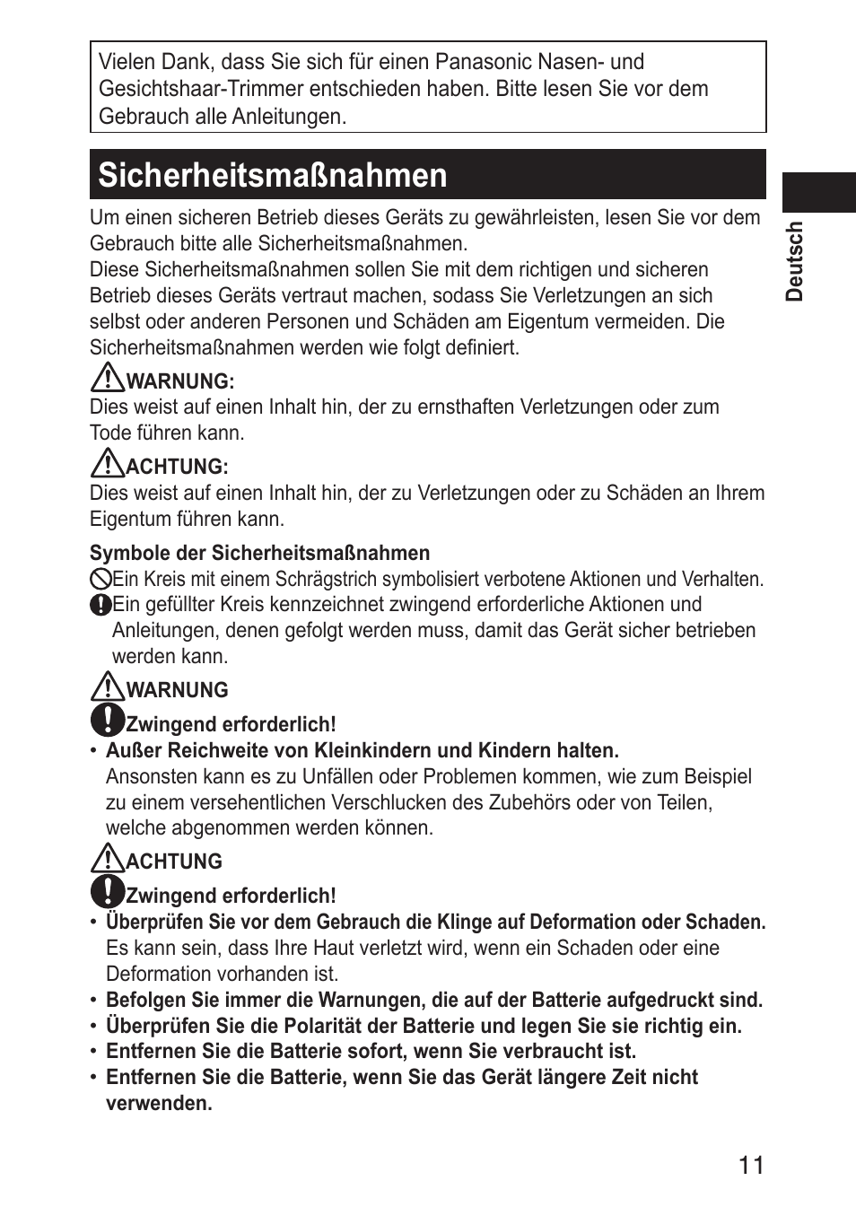 Sicherheitsmaßnahmen | Panasonic ERGN30 User Manual | Page 11 / 160