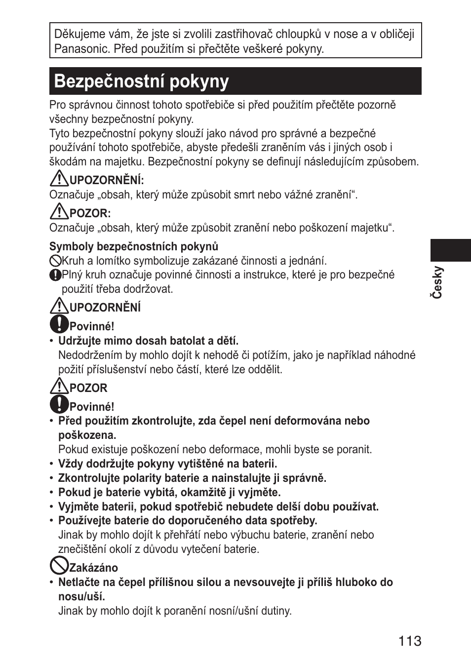 Bezpečnostnípokyny | Panasonic ERGN30 User Manual | Page 113 / 160