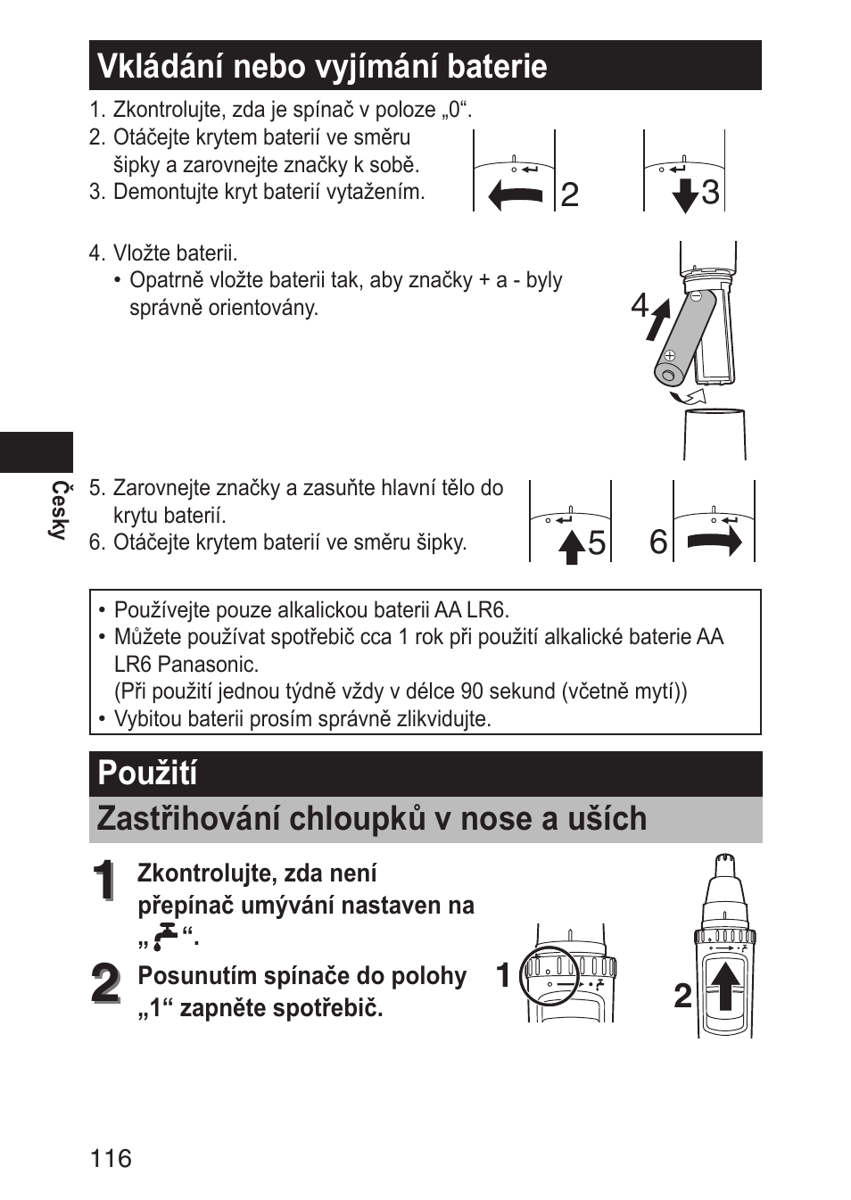 Vkládánínebovyjímáníbaterie, Použití zastřihováníchloupkůvnoseauších | Panasonic ERGN30 User Manual | Page 116 / 160