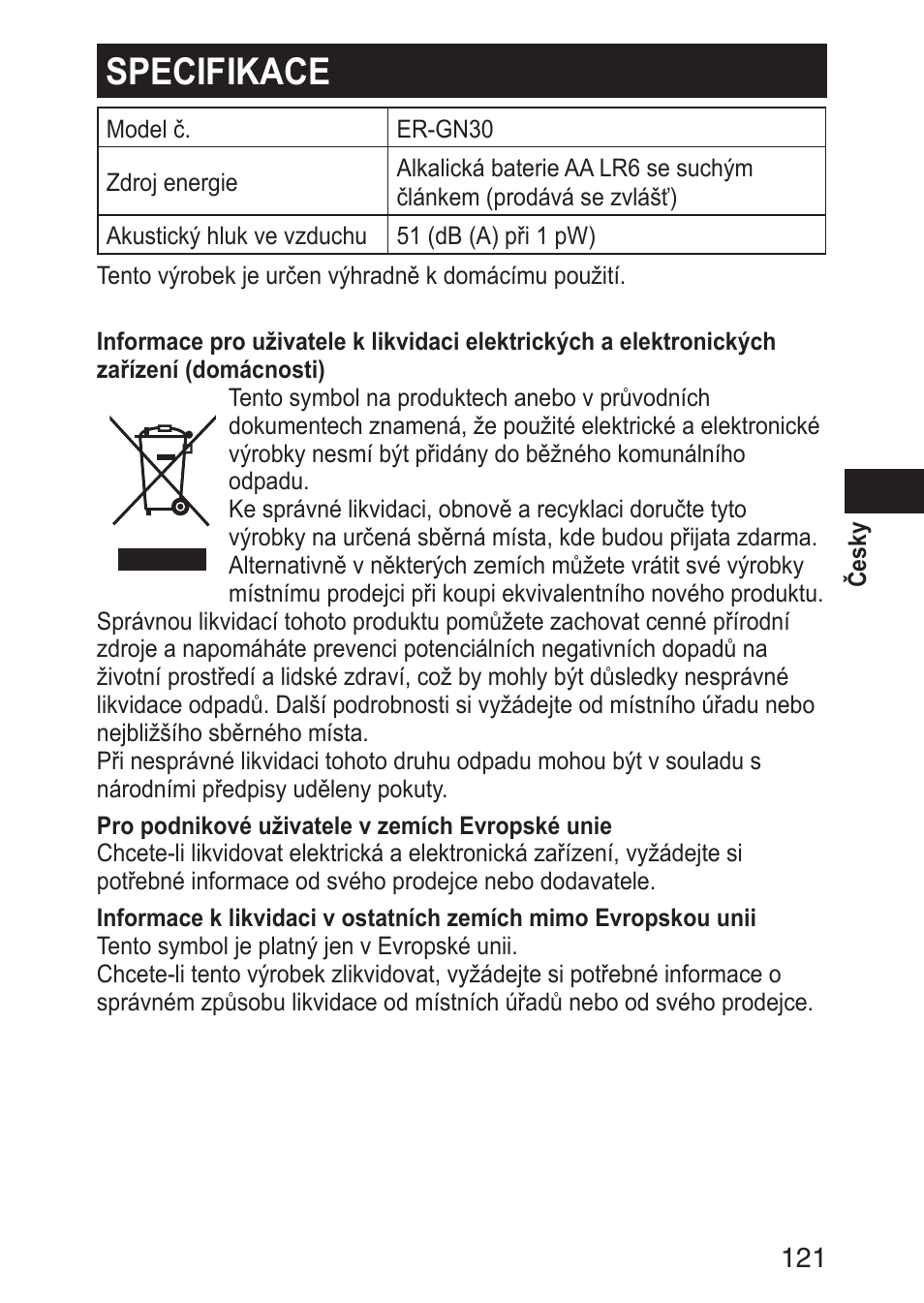 Specifikace | Panasonic ERGN30 User Manual | Page 121 / 160