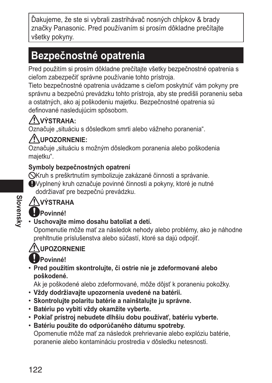 Bezpečnostnéopatrenia | Panasonic ERGN30 User Manual | Page 122 / 160