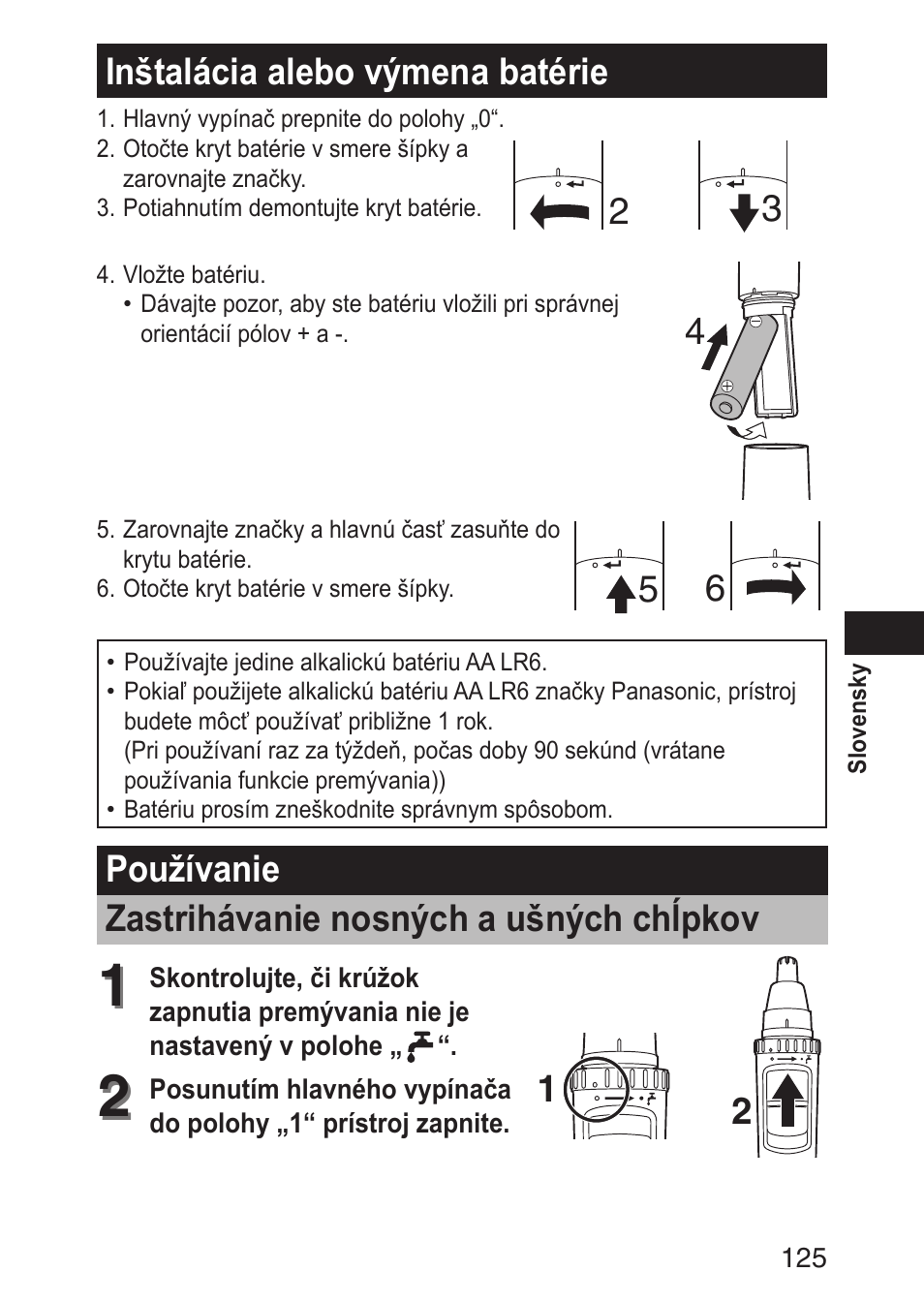 Inštaláciaalebovýmenabatérie, Používanie zastrihávanienosnýchaušnýchchĺpkov | Panasonic ERGN30 User Manual | Page 125 / 160