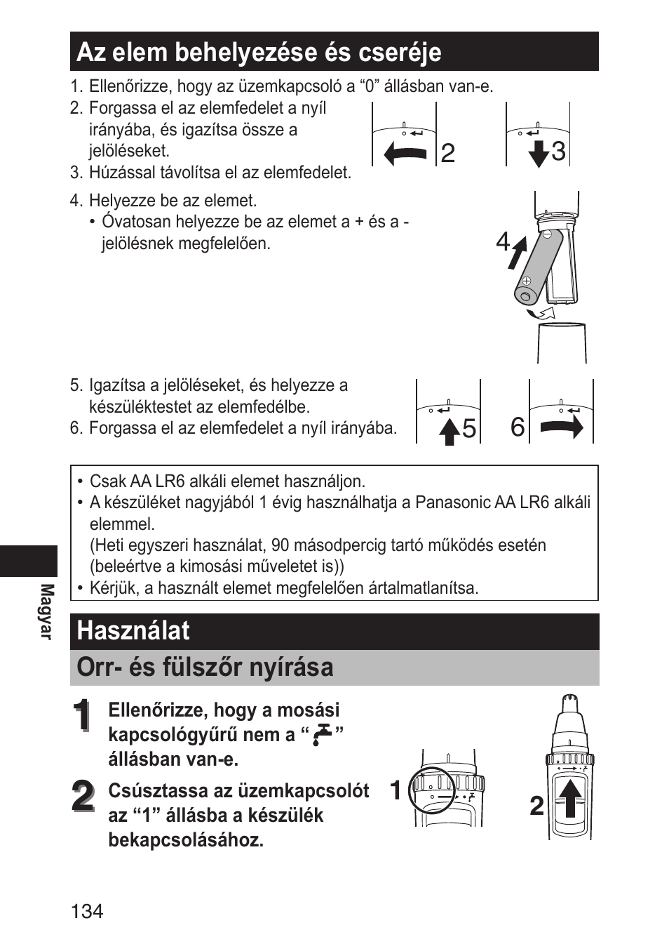 Azelembehelyezéseéscseréje, Használat orr-ésfülszőrnyírása | Panasonic ERGN30 User Manual | Page 134 / 160