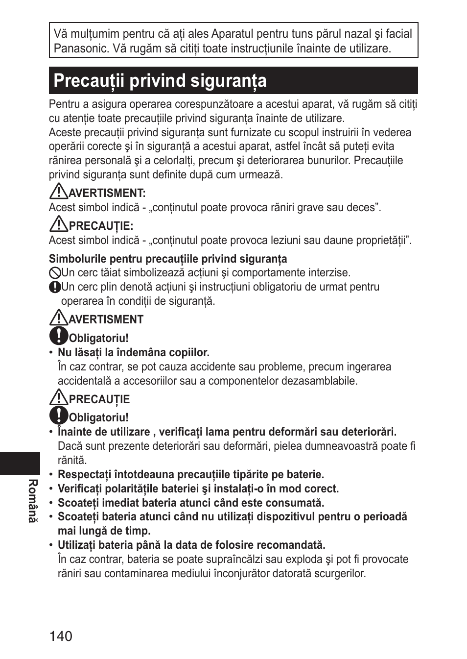 Precauţiiprivindsiguranţa | Panasonic ERGN30 User Manual | Page 140 / 160