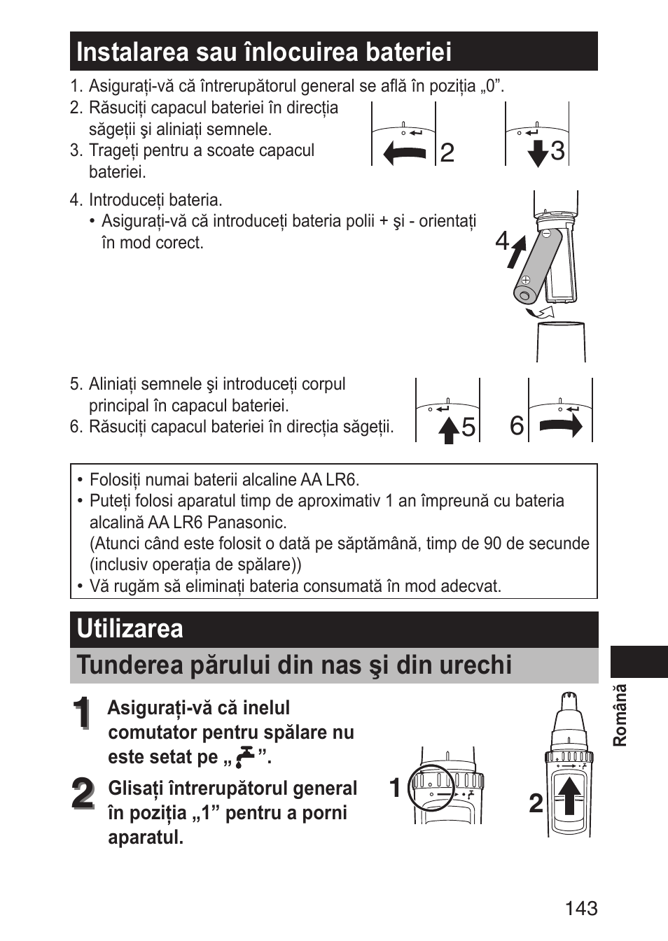 Instalareasauînlocuireabateriei, Utilizarea tundereapăruluidinnasşidinurechi | Panasonic ERGN30 User Manual | Page 143 / 160