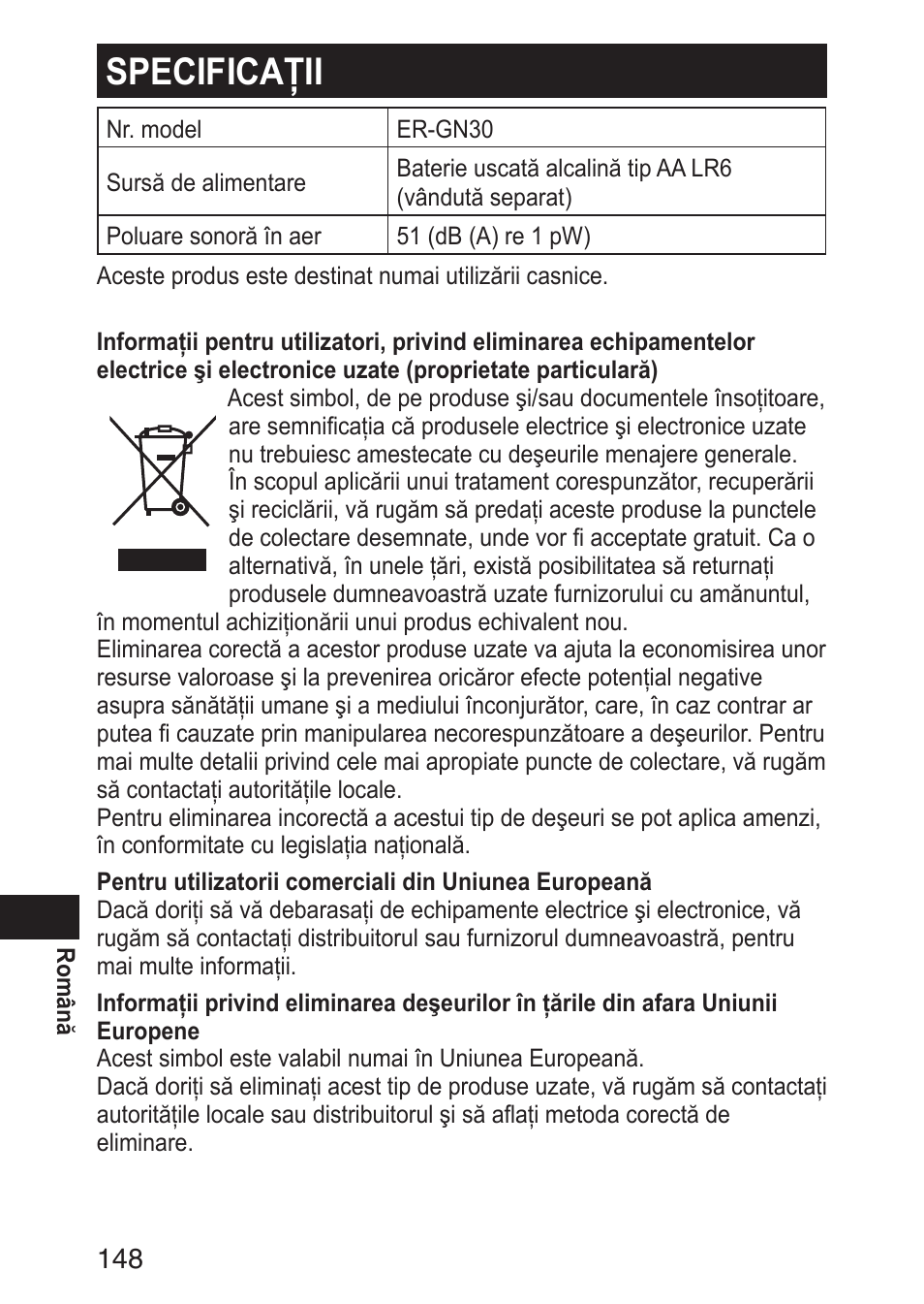 Specificaţii | Panasonic ERGN30 User Manual | Page 148 / 160