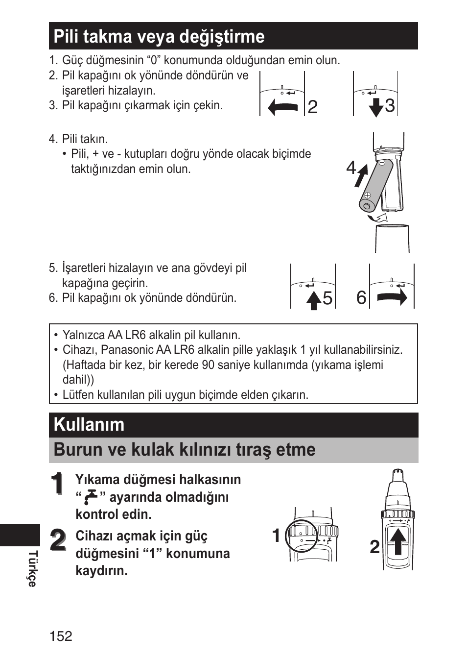 Pilitakmaveyadeğiştirme, Kullanım burunvekulakkılınızıtıraşetme | Panasonic ERGN30 User Manual | Page 152 / 160