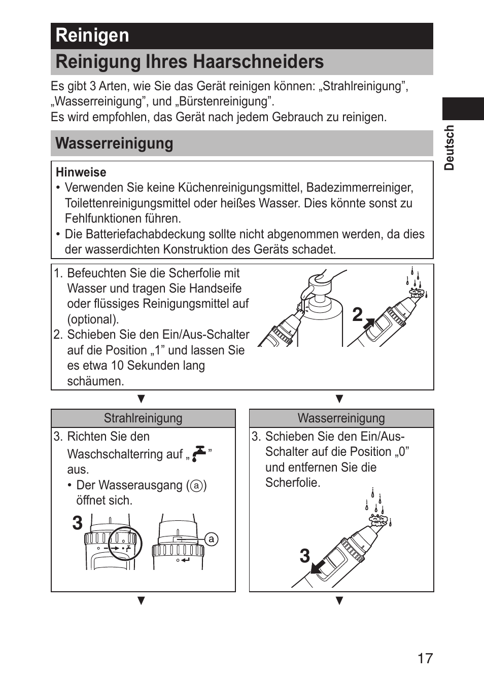Reinigen reinigungihreshaarschneiders, Wasserreinigung | Panasonic ERGN30 User Manual | Page 17 / 160