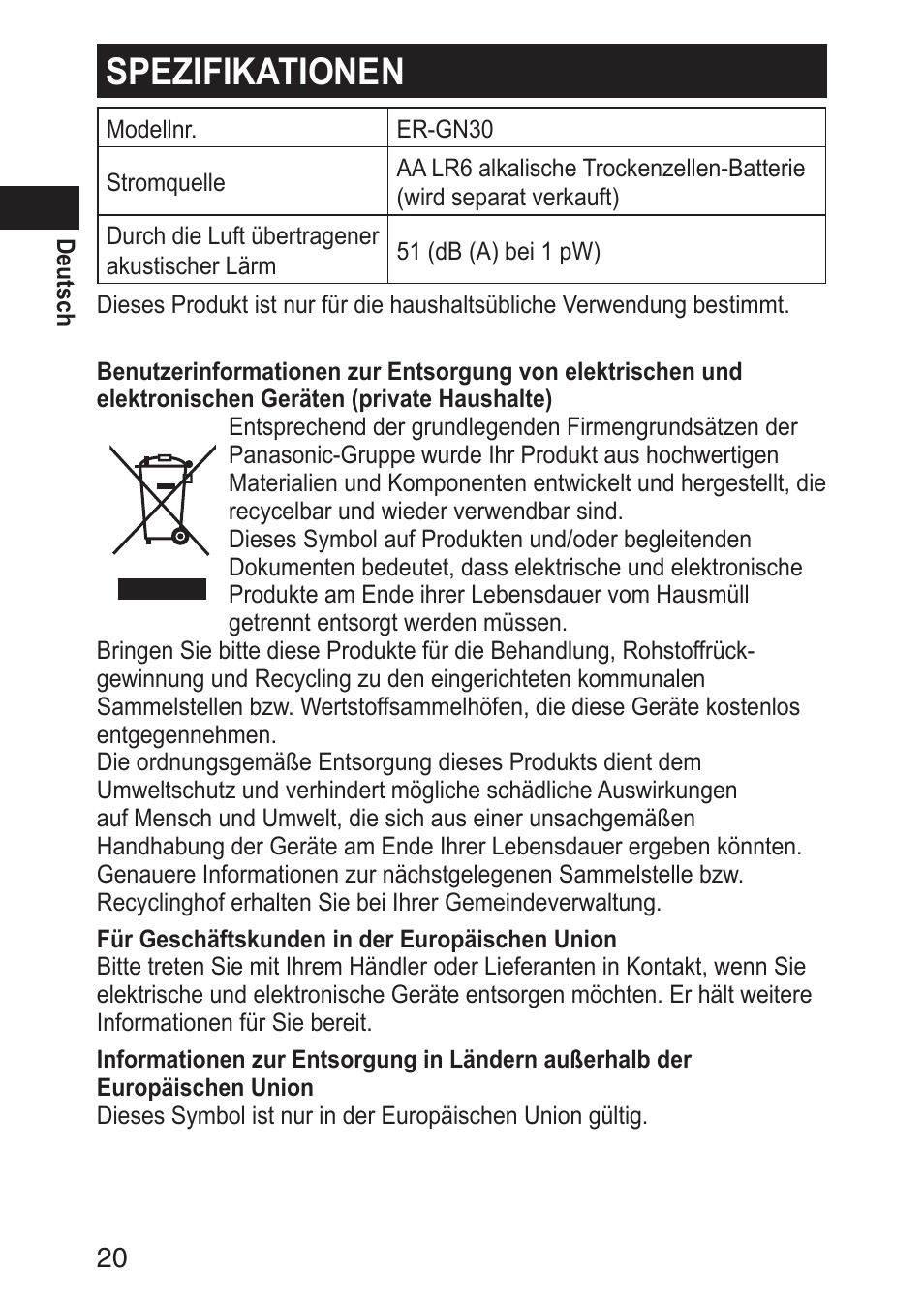 Spezifikationen | Panasonic ERGN30 User Manual | Page 20 / 160