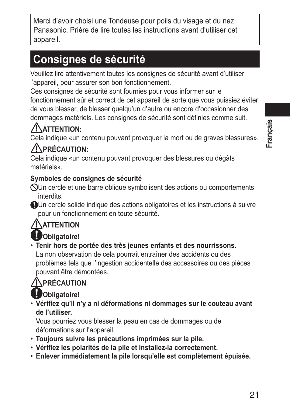 Consignesdesécurité | Panasonic ERGN30 User Manual | Page 21 / 160