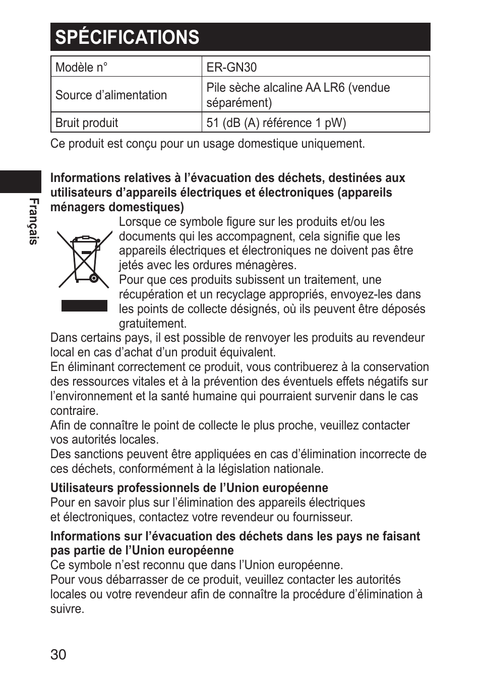 Spécifications | Panasonic ERGN30 User Manual | Page 30 / 160