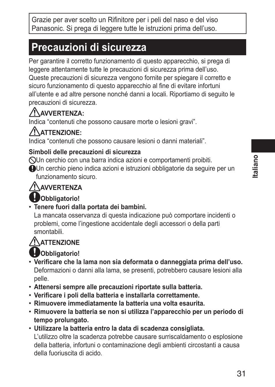 Precauzionidisicurezza | Panasonic ERGN30 User Manual | Page 31 / 160