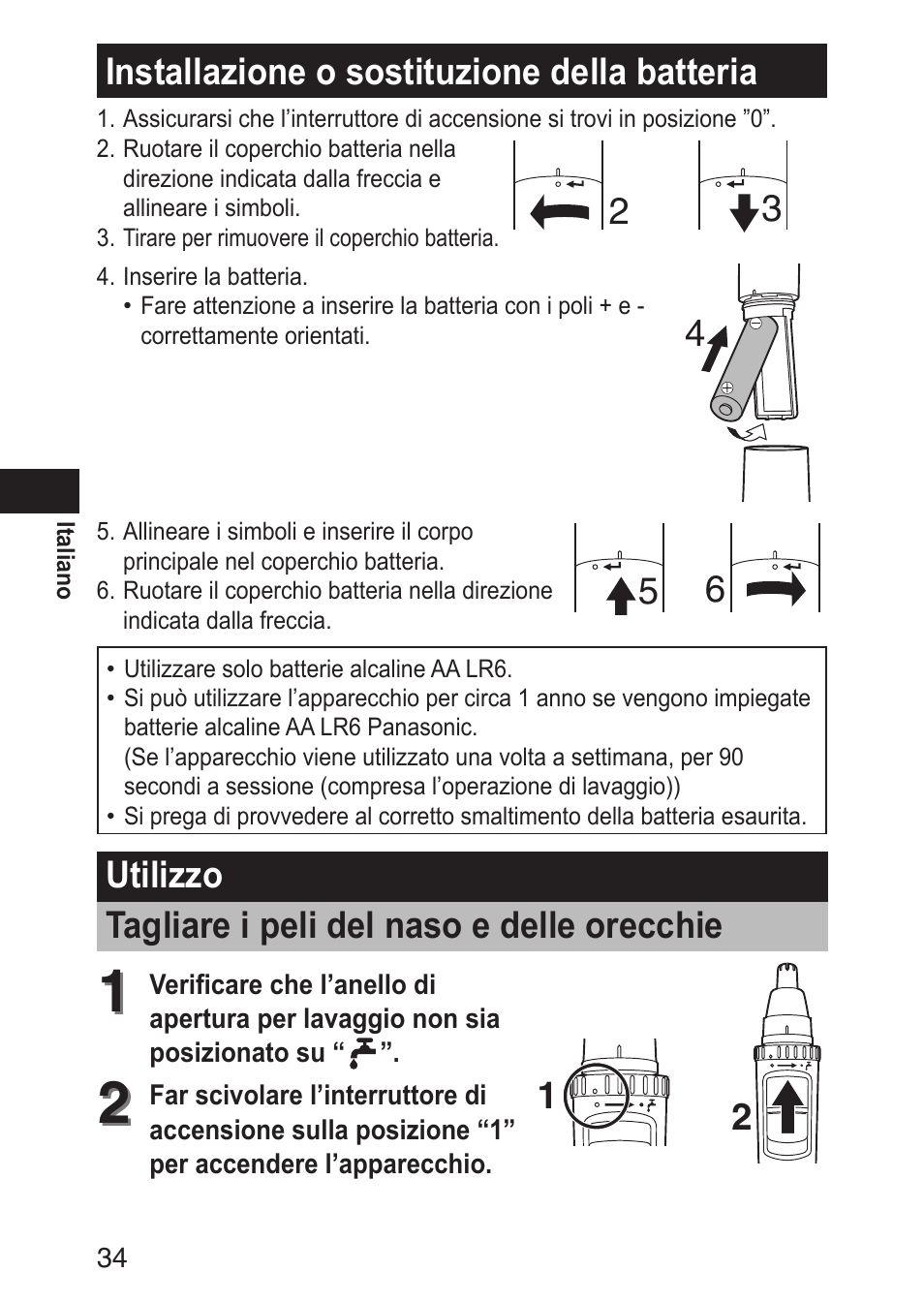 Installazioneosostituzionedellabatteria, Utilizzo tagliareipelidelnasoedelleorecchie | Panasonic ERGN30 User Manual | Page 34 / 160