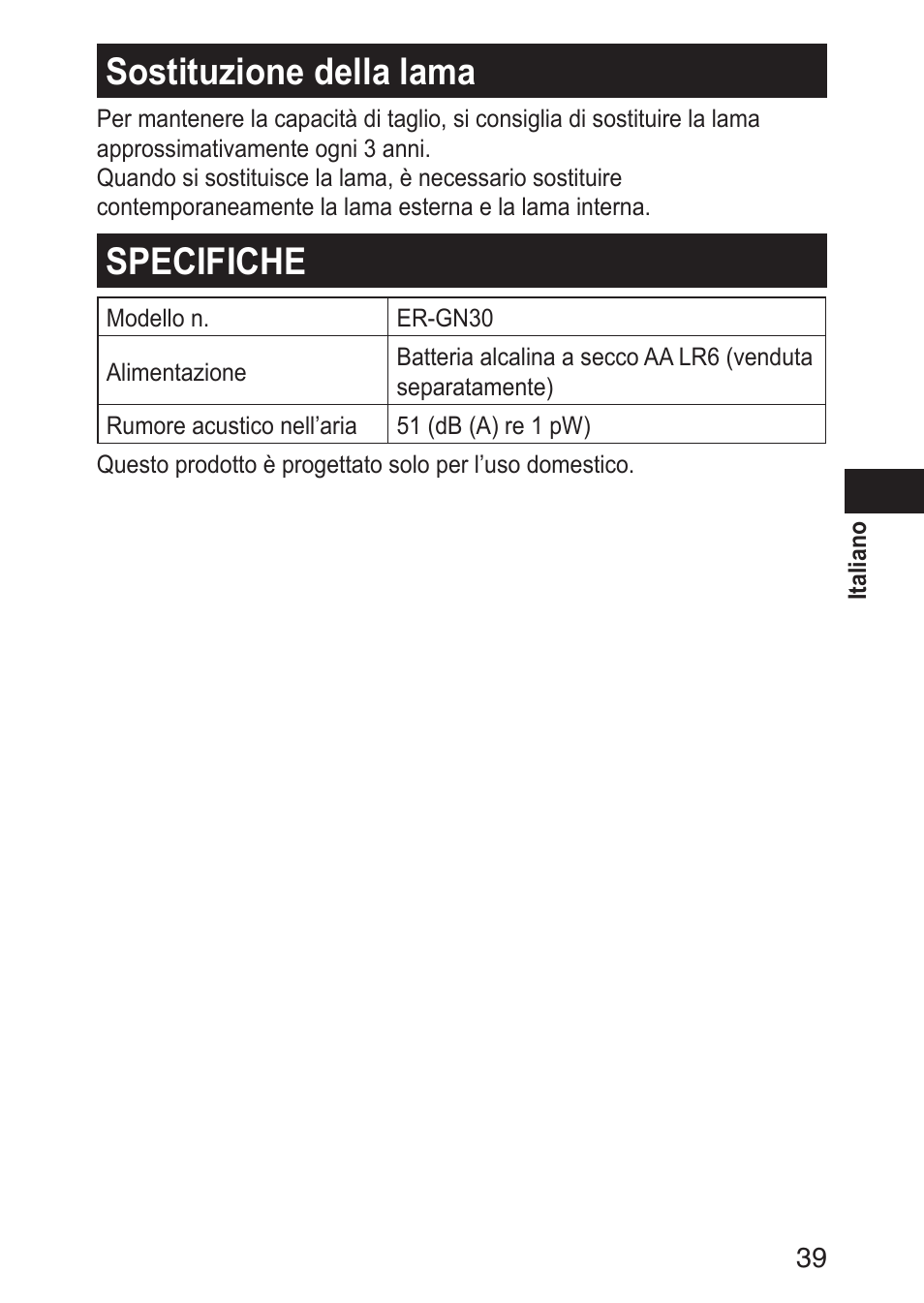 Sostituzionedellalama, Specifiche | Panasonic ERGN30 User Manual | Page 39 / 160
