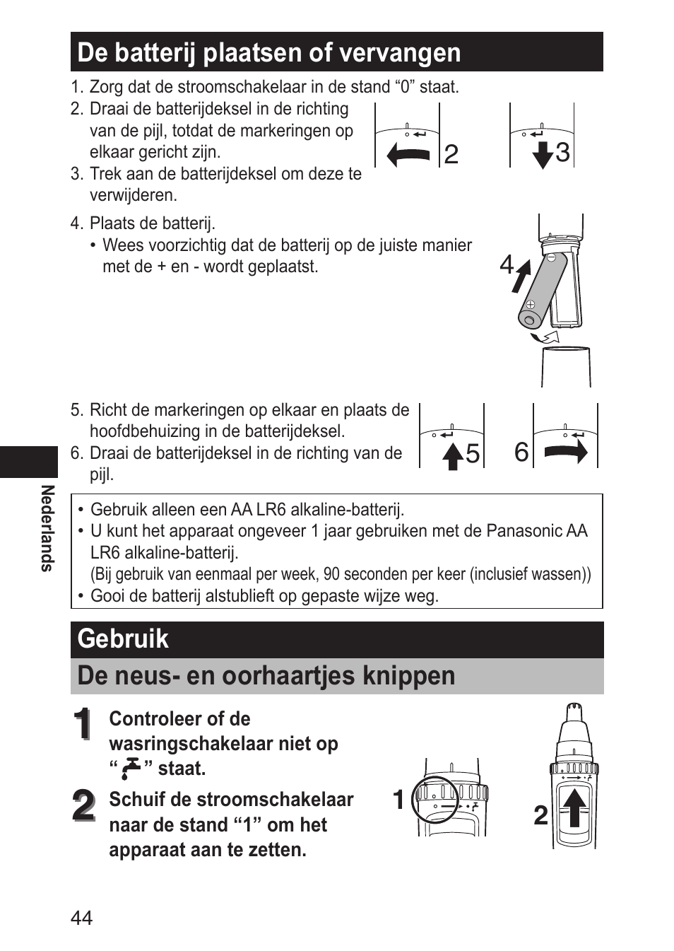 Debatterijplaatsenofvervangen, Gebruik deneus-enoorhaartjesknippen | Panasonic ERGN30 User Manual | Page 44 / 160