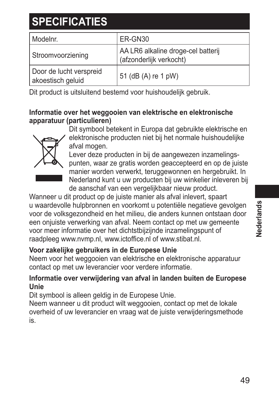 Specificaties | Panasonic ERGN30 User Manual | Page 49 / 160