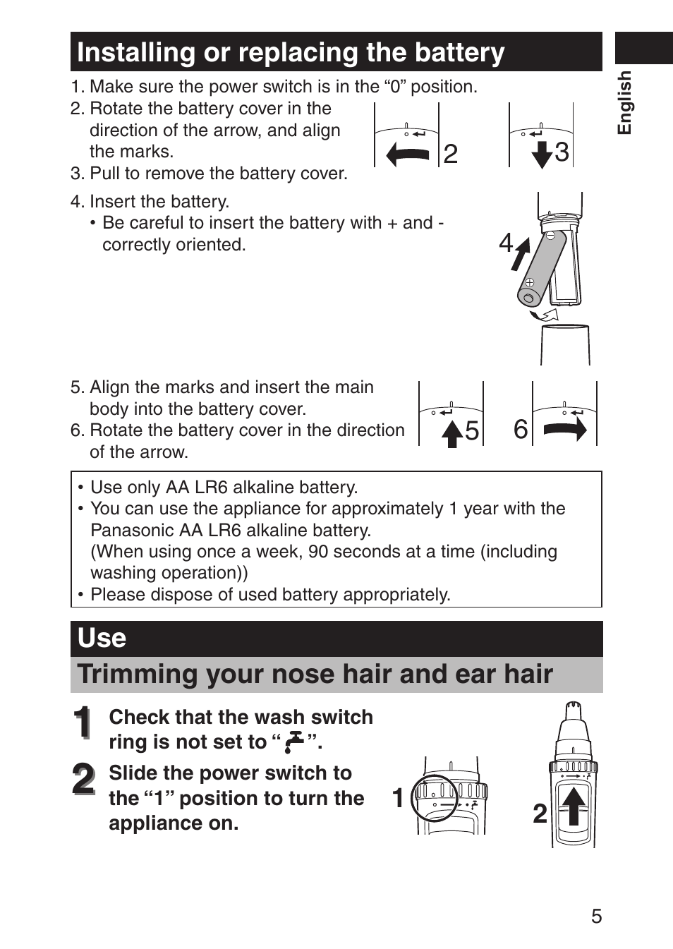 Installingorreplacingthebattery, Use trimmingyournosehairandearhair | Panasonic ERGN30 User Manual | Page 5 / 160