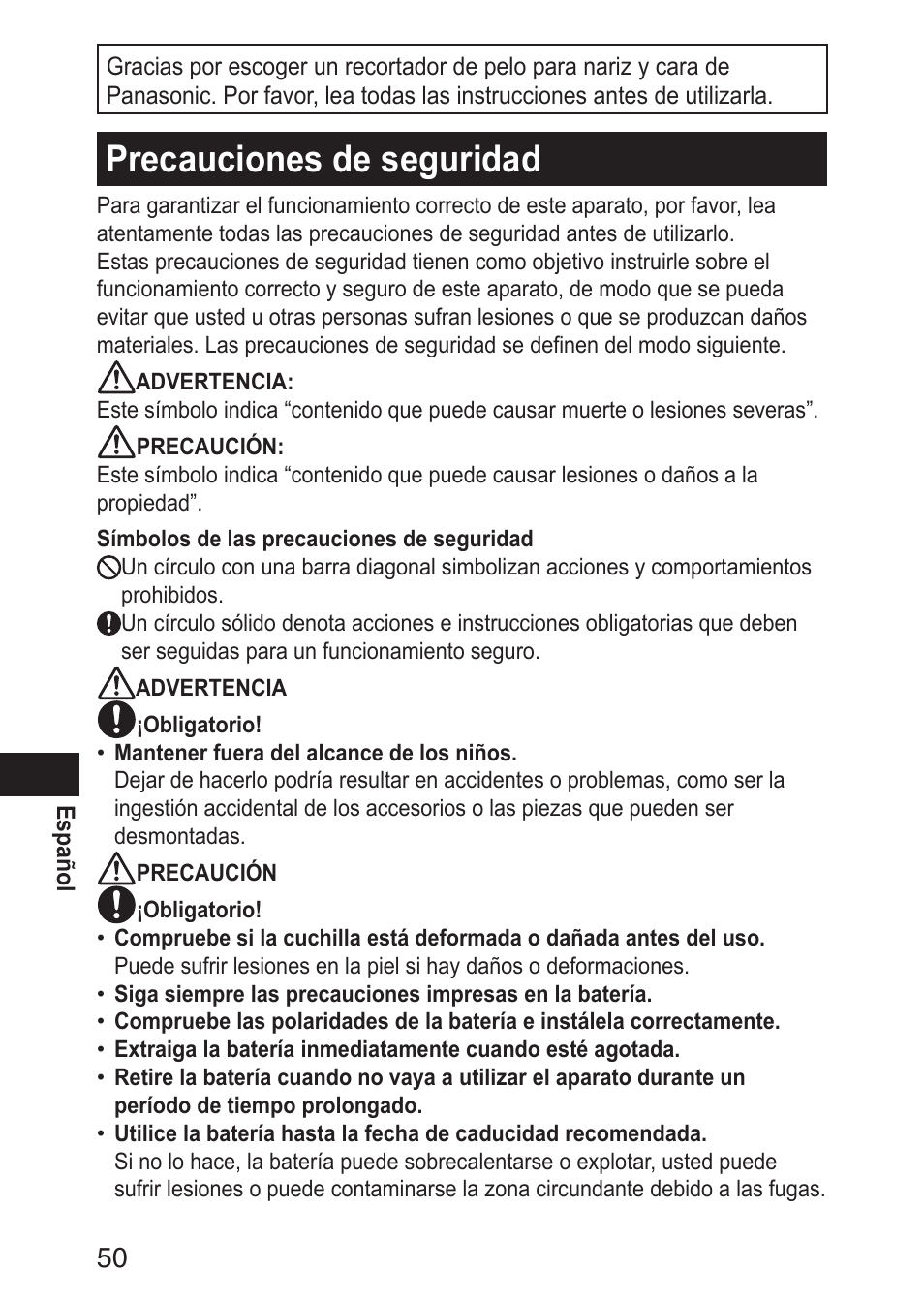Precaucionesdeseguridad | Panasonic ERGN30 User Manual | Page 50 / 160