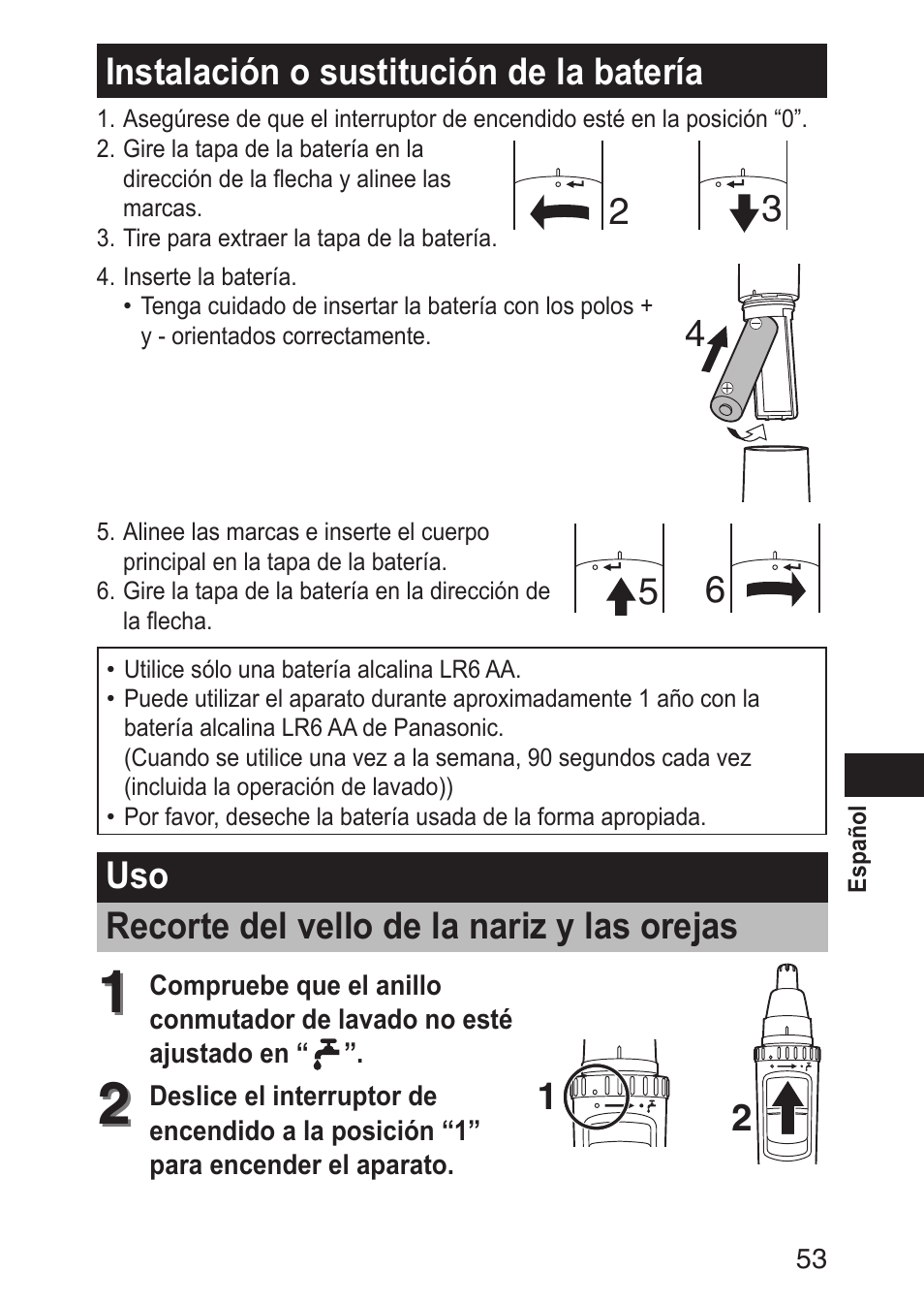 Instalaciónosustitucióndelabatería, Uso recortedelvellodelanarizylasorejas | Panasonic ERGN30 User Manual | Page 53 / 160