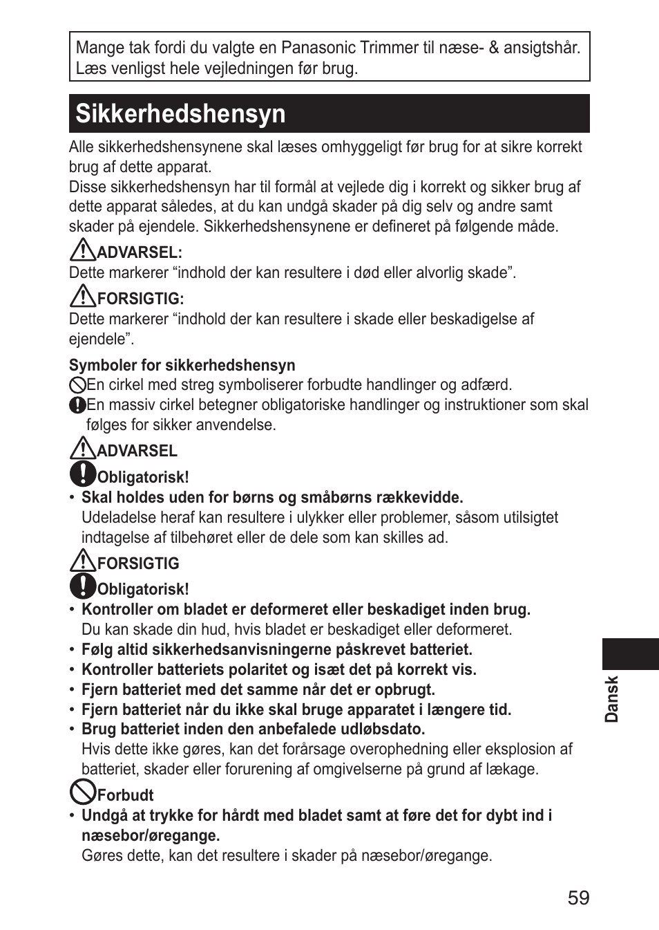 Sikkerhedshensyn | Panasonic ERGN30 User Manual | Page 59 / 160